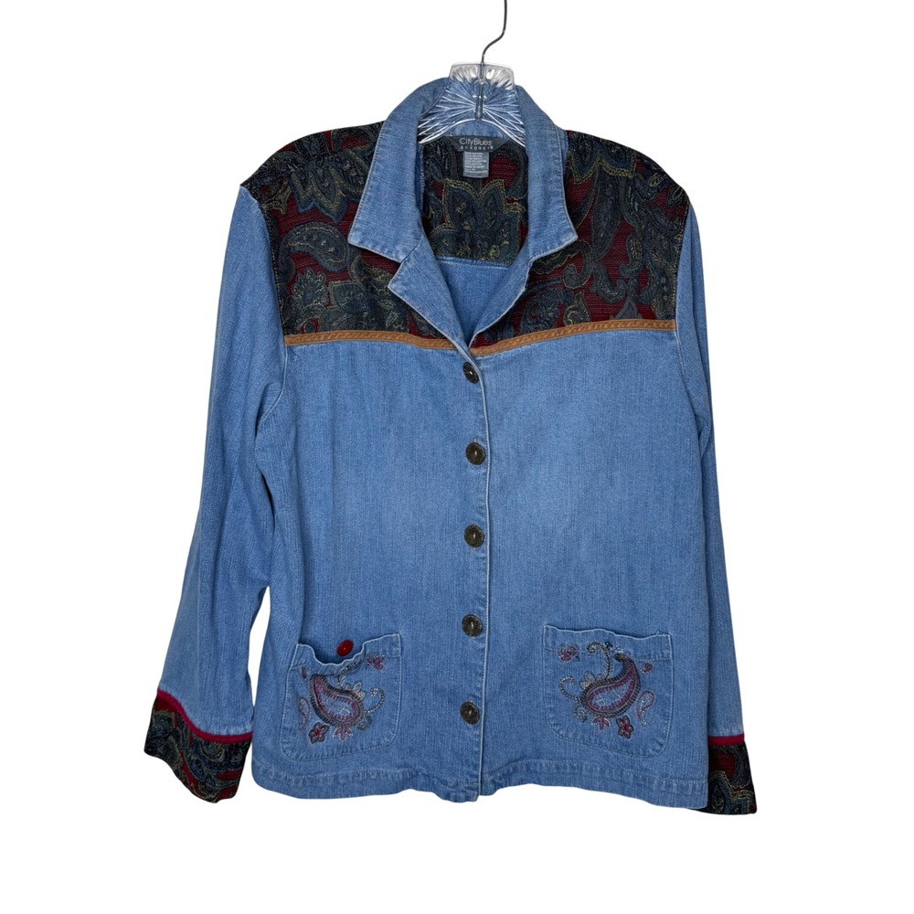 City Blues by Koret Women XL Denim Jacket Tapestry Paisley Boho Embroidered Blue